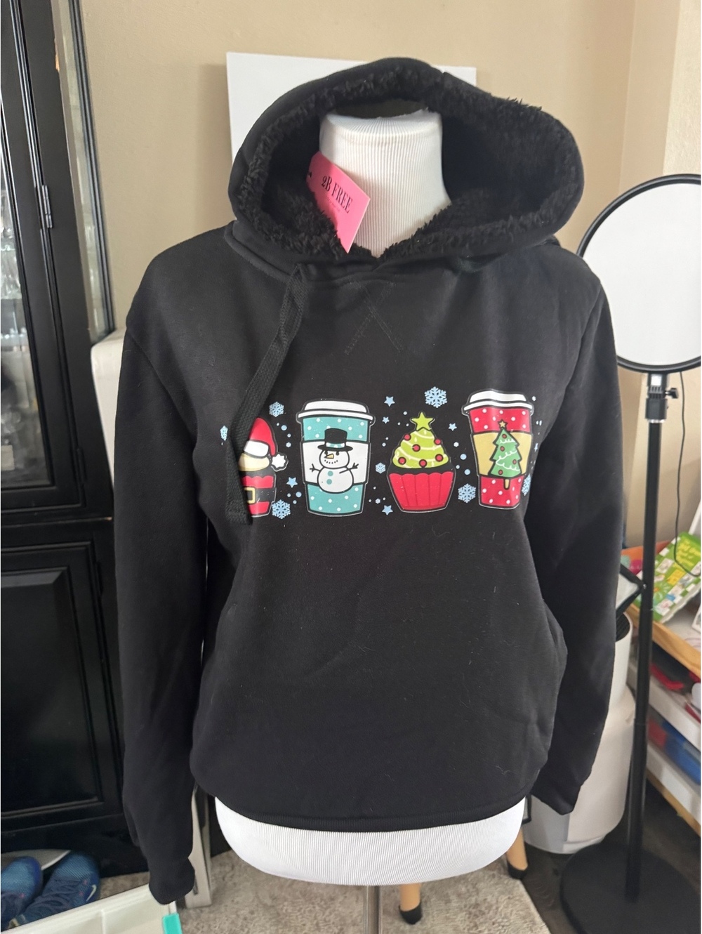 2B Free Youth Large Christmas Hoodie Sherpa Lined Holiday Coffee Santa Snowman